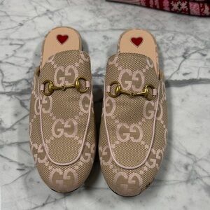 Gucci Women's Beige GG Mules with Gold Accent